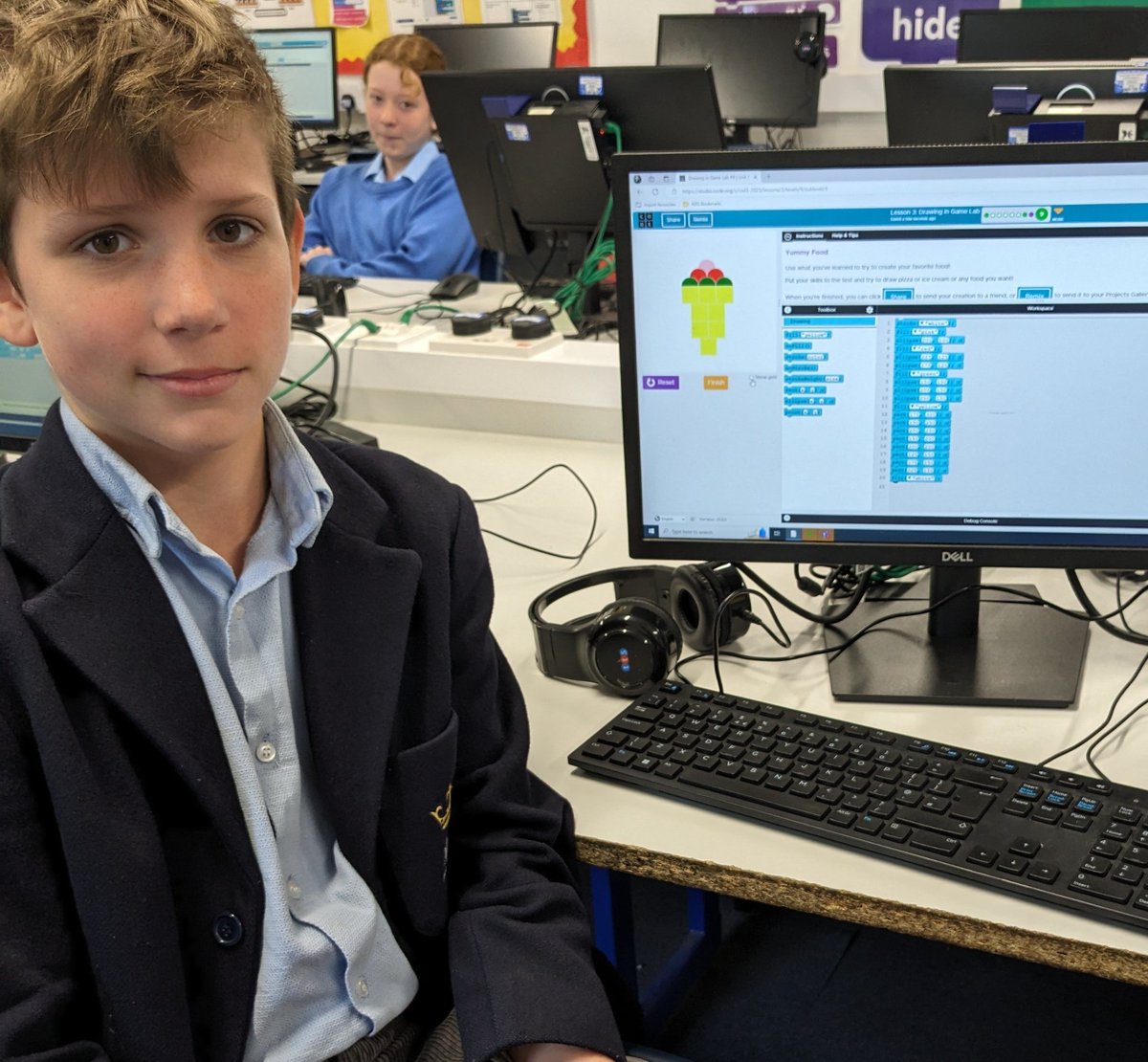 Leon is rightfully proud of his ice cream cone, carefully coded using parameters in <a href="/codeorg/">Code.org</a> 

#hzgcomputing #hazlegroveyear7