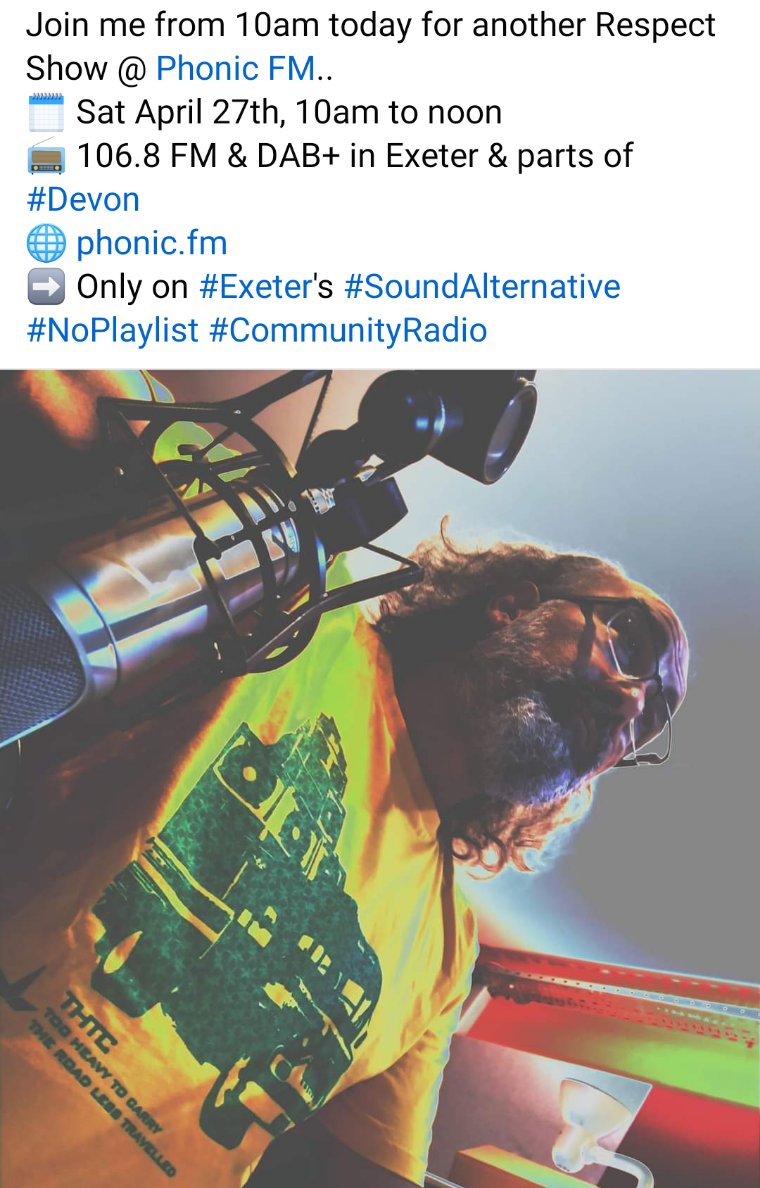 Join me now 'till noon for another #Respect Show @phonicfm.. 🗓️ Sat April 27th, 10am to noon 📻 106.8 FM & DAB+ in Exeter & parts of #Devon 🌐 phonic.fm ➡️ Only on #Exeter's #SoundAlternative #NoPlaylist #CommunityRadio