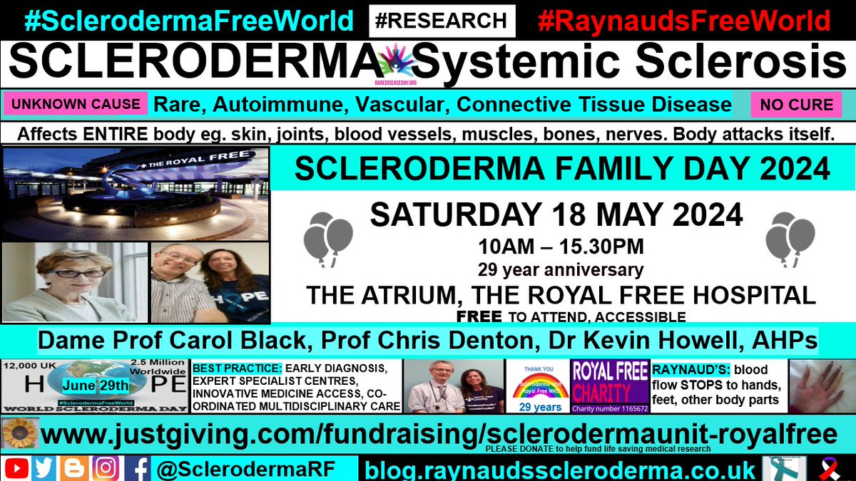 3 weeks to go 😊
@SclerodermaRF Family Day Saturday 18th May 2024, The Atrium, @RoyalFreeNHS
FREE to attend accessible to all
#SclerodermaFreeWorld #RaynaudsFreeWorld 
#Research #Scleroderma #SystemicSclerosis #Raynauds #Autoimmune #RareDisease #NoCure #UnknownCause #LifeChanging