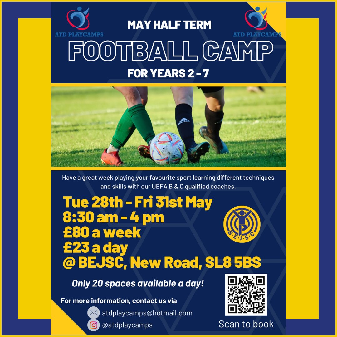 join @atdplaycamps @BEJSC1970 this May half-term!

Book here:
bejscbooking.as.me/schedule/54d71…

#Halfterm #Holidays #May #Football #Footie #Kids #KidsActivities #HalftermFun #Parents #Parenting #BourneEnd #JuniorSports #Charity #SportsClub