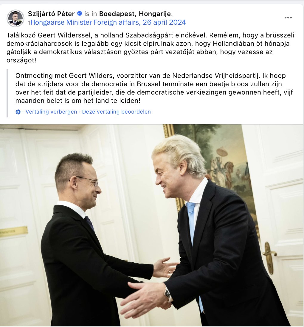 Minister van Buitenlandse Zaken en Handel van Hongarije beweert dat de 'democratie strijders in Brussel' Wilders 'De leider van de partij die de democratische verkiezingen in Nederland heeft gewonnen al vijf maanden verhinderen het land te leiden!'