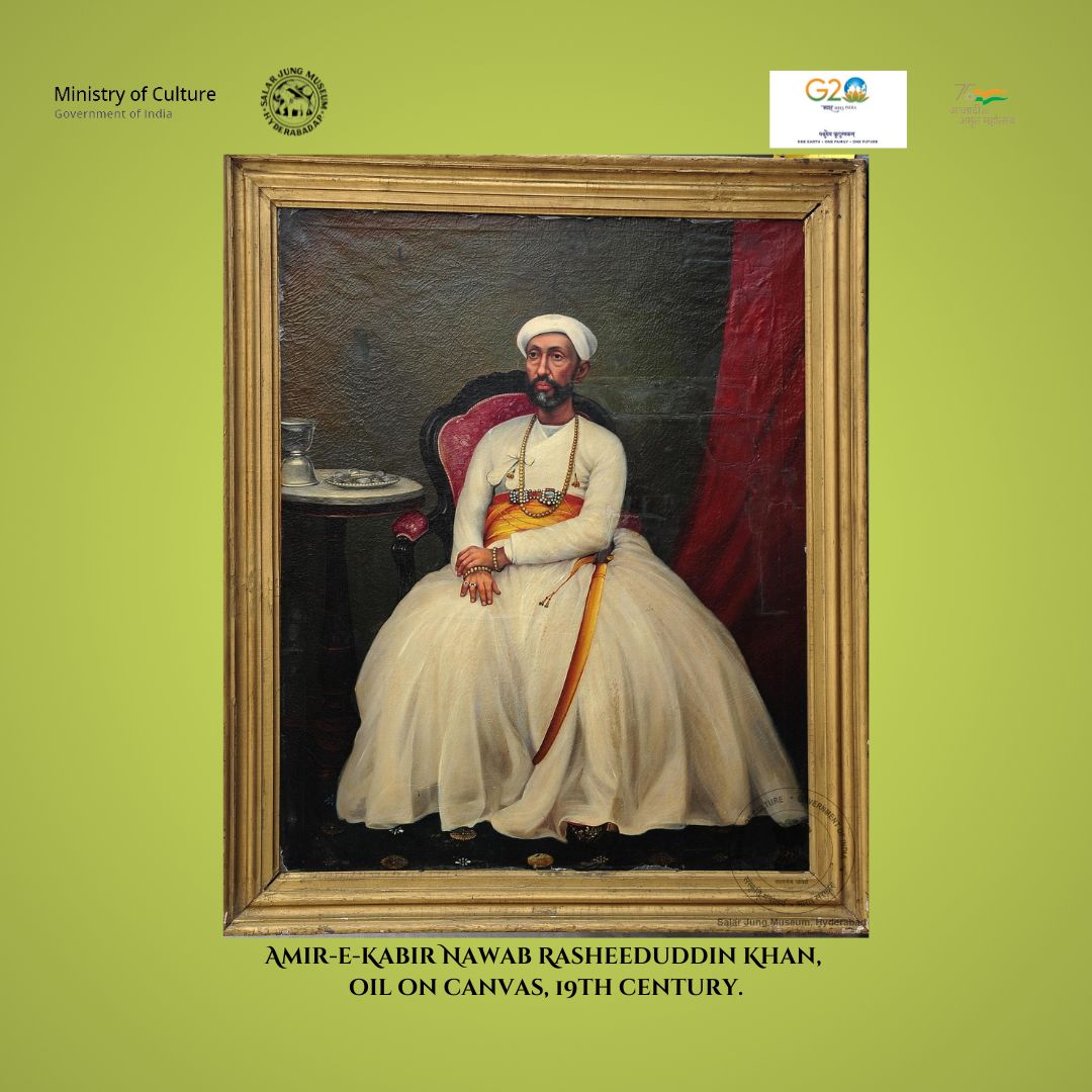 A painting of nobleman of Hyderabad state in white 'angarkha' outfit made of fabric muslin. He is Paigah noble Amir-e-kabir Rasheeduddin Khan, who was co-regent with Salar Jung I, when Nizam VI was on the throne as a child in 1869, 19th century.
1/2
#SalarJungMuseum #muslin