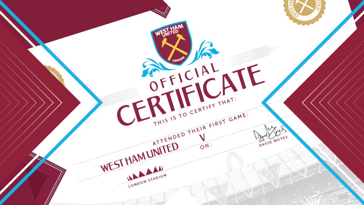 ⚒️| Bringing a Junior Hammer to their first game? Claim a keepsake so they will never forget their first time at London Stadium – a First Game Certificate! Please send us a DM of the name of the Junior supporter and the best address to send your certificate to. #HammersHelp