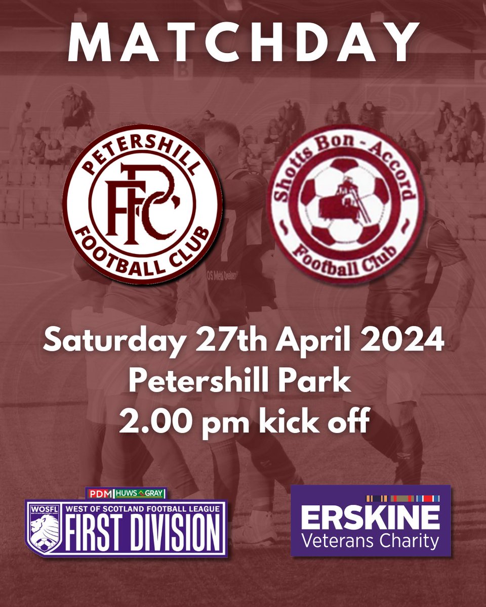 Matchday! Petershill v @ShottsBonAccord Petershill Park 2pm ko Admission £8 adults, £4 concessions, accompanied under 16s free. Programme £1.50 Thanks to our sponsors today: Match Sponsor: Roger Sinclair Match Ball: Alison & Jim Walker Motm: Craig Patrick