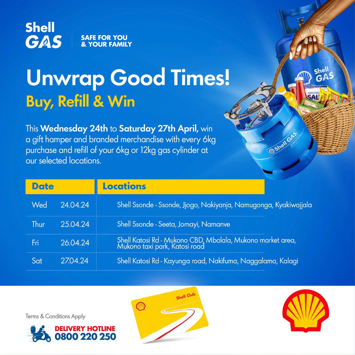 Are you along Shell Katosi Road? Come for some gift hampers and other goodies at Shell Katosi as you buy or refill your Shell Gas cylinders #ShellGasBuyRefillWin