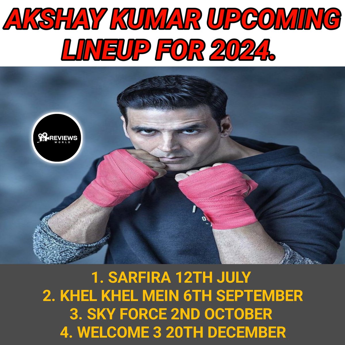 Akshay Kumar Upcoming Lineup For 2024 🥳 

#AkshayKumar #akshaykumarfans #khiladi #KhelKhelMein #Sarfira #SkyForce #welcome3 #movie
#Ramayana #Prabhas #Kalki2898AD #bollywood #Hindi #reviewsworld