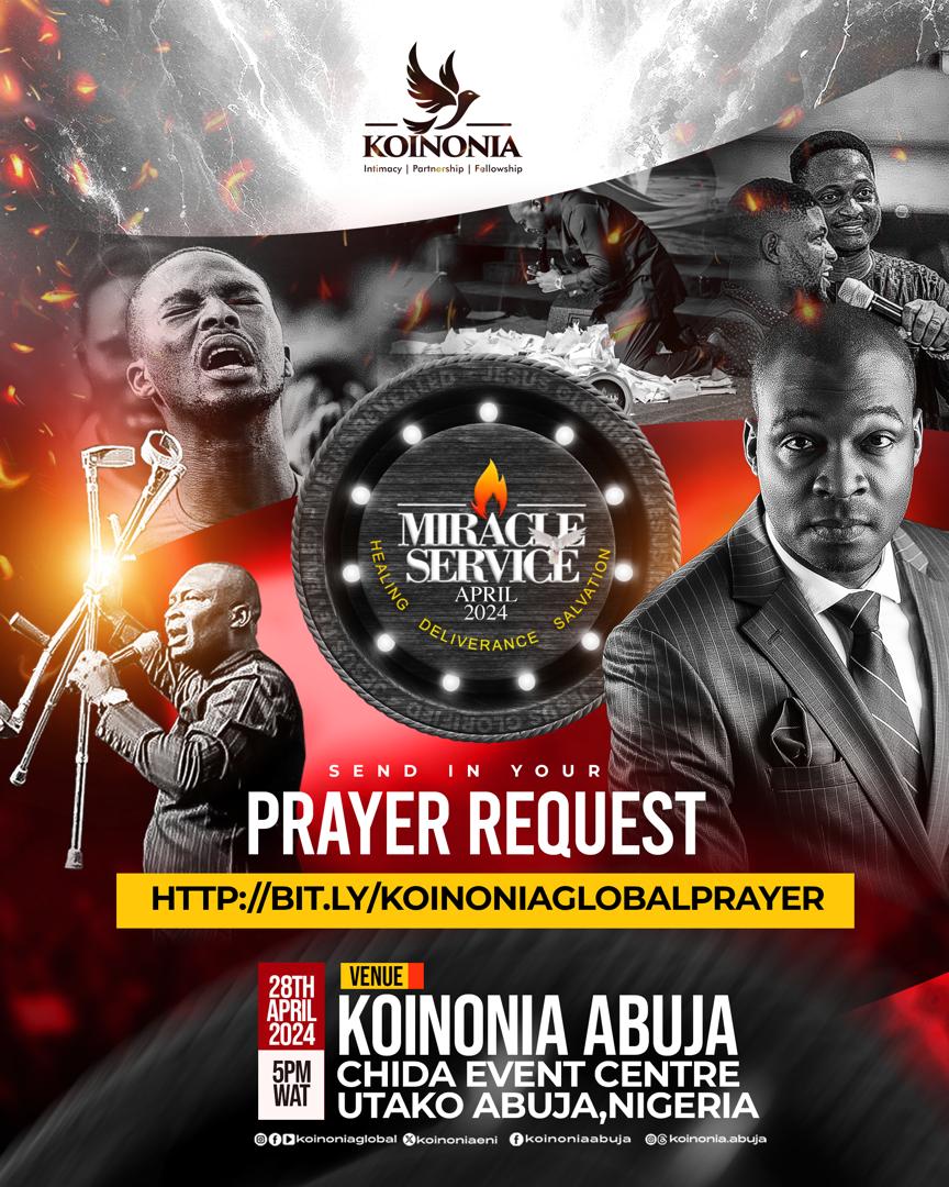 Behold, I am the Lord, the God of all flesh: is there any thing too hard for me? Jeremiah 32:27 (KJV) Precious Saints, you can send in your Prayer Requests for APRIL MIRACLE SERVICE - KOINONIA ABUJA CENTER via the link below. bit.ly/KOINONIAGLOBAL… Or via…