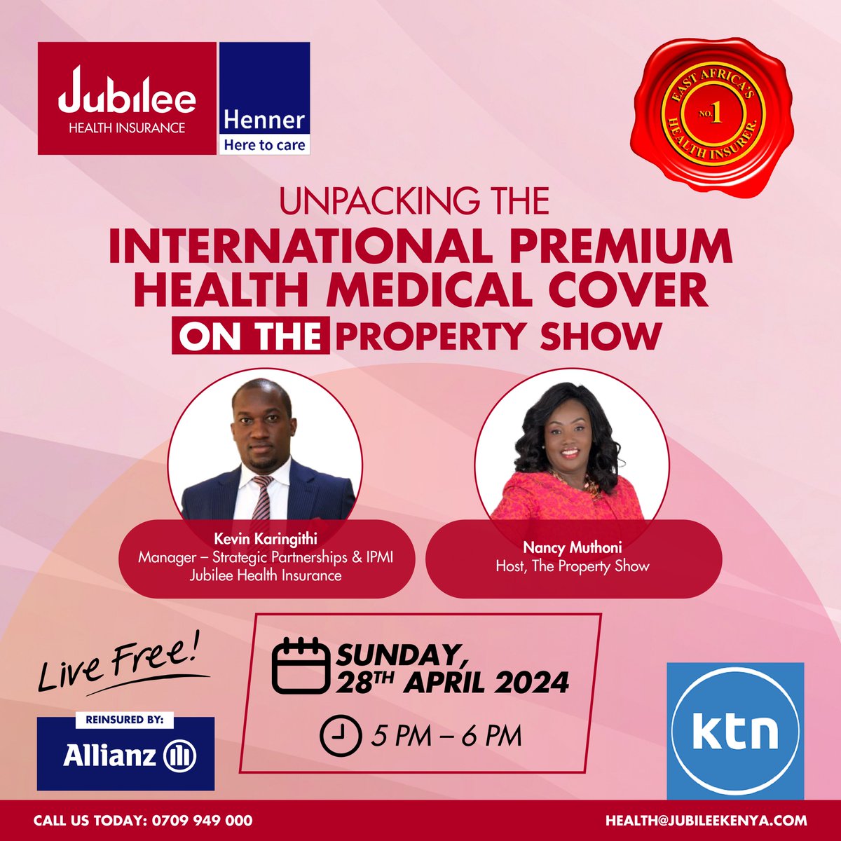 Join us this Sunday, April 28th, on KTN TV as Jubilee Health's Kevin Karingithi introduces our game-changing International Premium Health Cover.

Don't miss this exclusive look into the future of healthcare. 

#HealthcareRevolution #JubileeHealth #InnovateToThrive