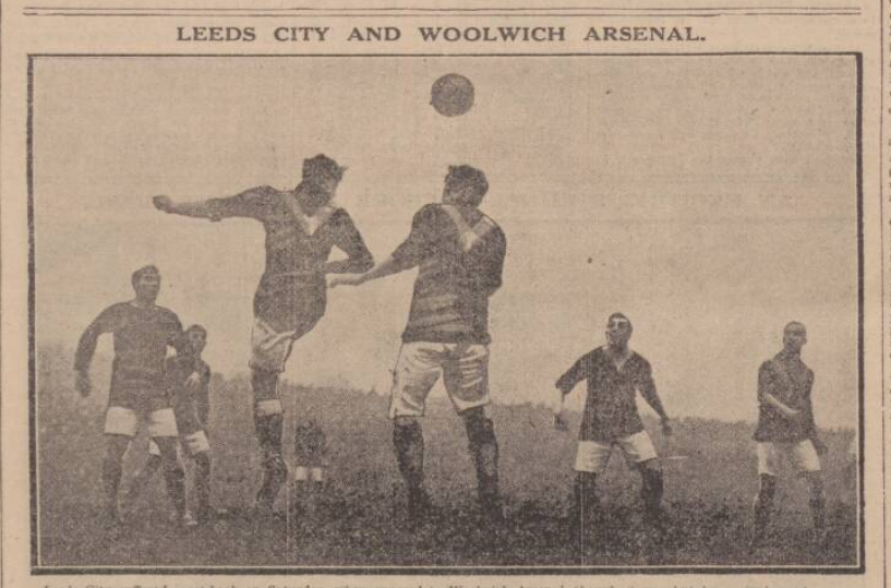 1913 - Leeds City suffer a 1-0 away defeat at Woolwich Arsenal, Benson scoring a penalty which was not obvious to many of the 30000 in attendance. A goalless draw would have suited the teams better. Pictured is Hampson, the Leeds City centre half clearing from a corner.