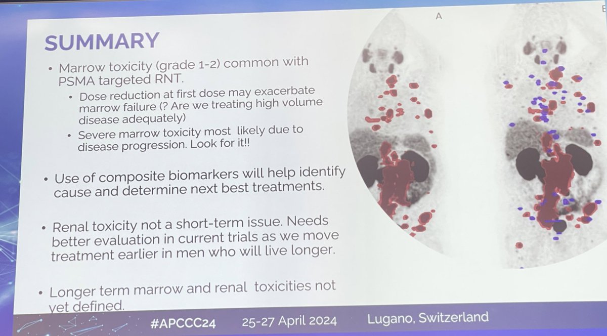 #APCCC24 @APCCC_Lugano 👉 How to monitor and manage toxicities with Lutetium-177 PSMA RLT? #LuisEmmett 👉adaptive dosing based on SPECT scan results may improve toxicity, & rule out disease progression before assuming marrow toxicity👇@OncoAlert @PCF_Science