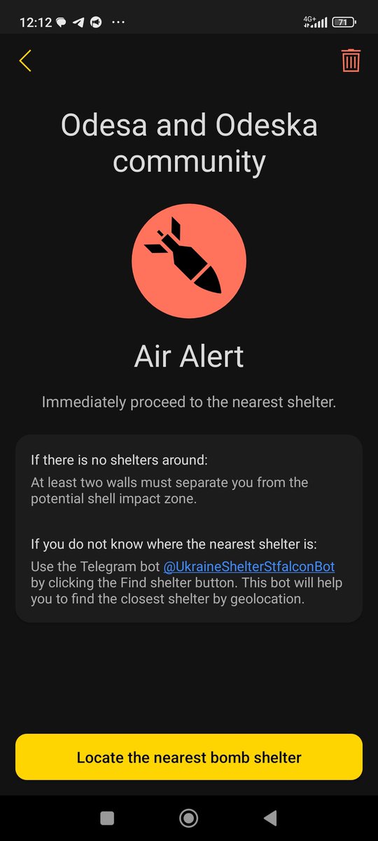 Odesa. Increased Air Threat Go to nearest shelter. Saturday 12:14 27th April 24