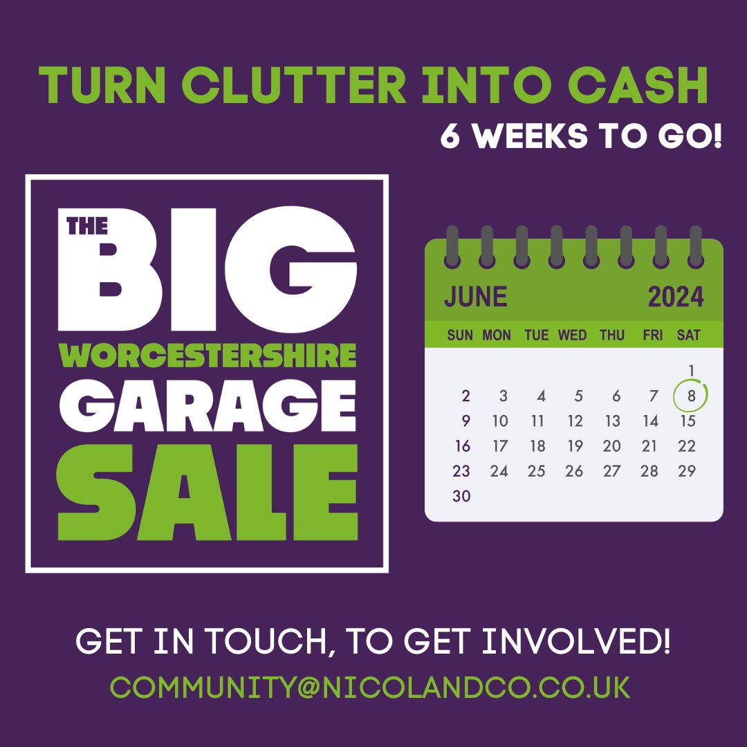 6 weeks to go - Sign up now! 
On Saturday, June 8th, take part in our #BigWorcestershireGarageSale
To participate, DM or email community@nicolandco.co.uk with your street name! The deadline is May 29th, 2024.
#DeClutter #Sustainable #droitwich #worcester #malvern #GarageSale