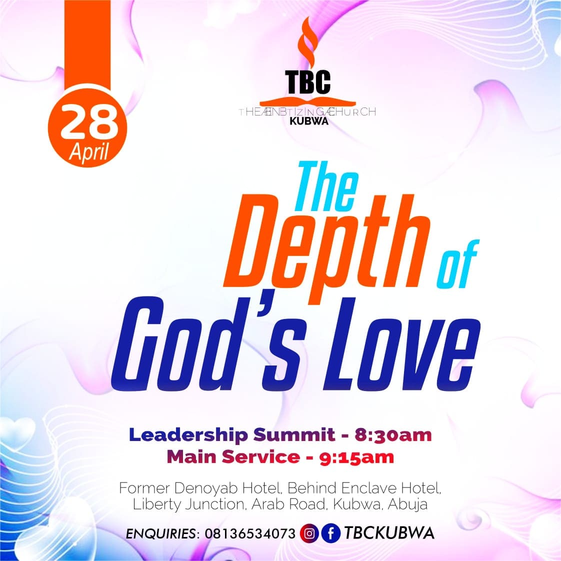 tbckubwa's tweet photo. Join us this Sunday. Still on the love series with Pastor Lawrence Okenyi.
#love
#charity
#agape
#godslove
#godskindoflove
#thegreatest
#thegreatestcommandment
#church
#fct
#tbc https://t.co/7qcDu23orR