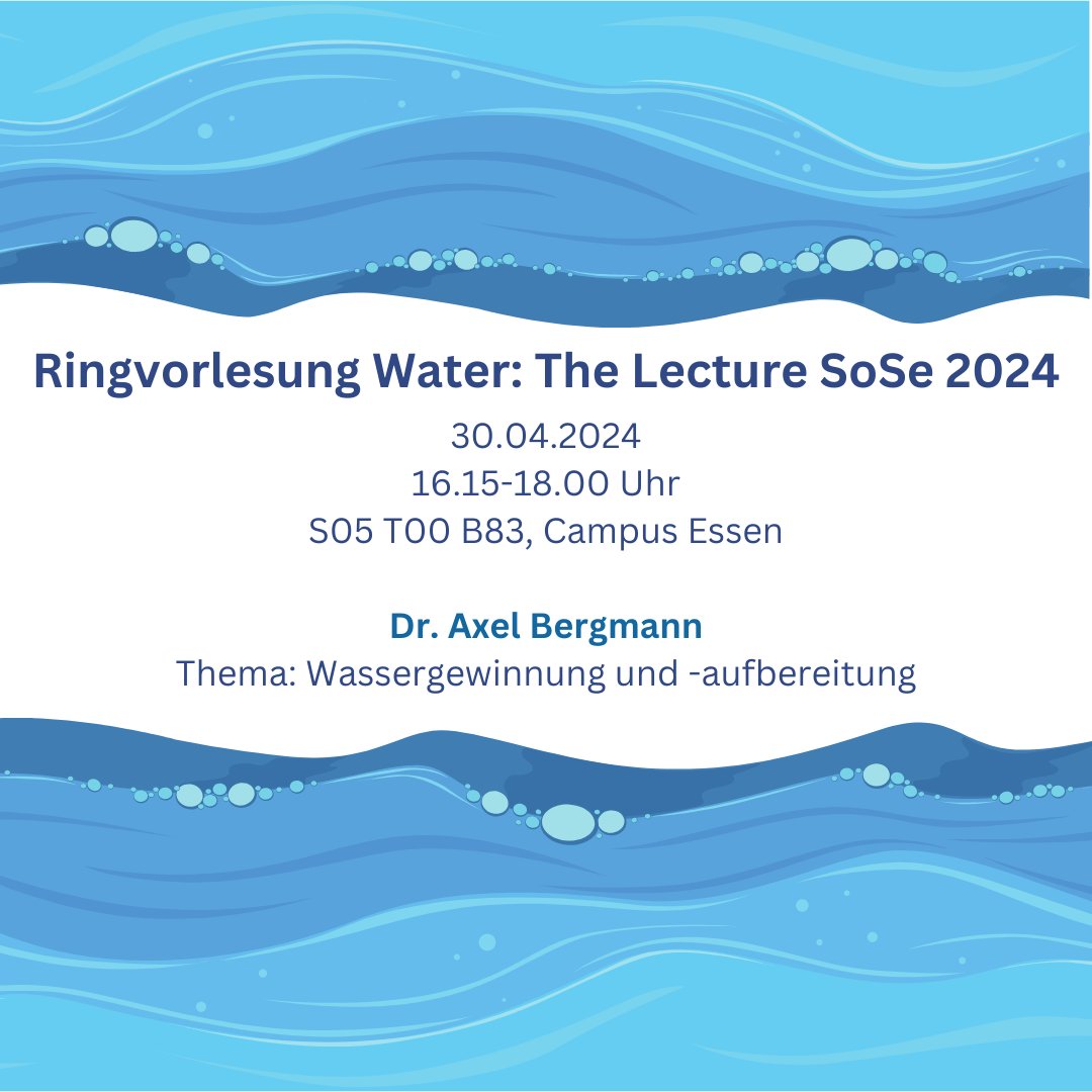 Auch nächste Woche gibt es wieder einen innovativen und faszinierenden Beitrag zur Ringvorlesung 'Water: The Lecture'. Dieses Mal zum Thema 'Wassergewinnung und -aufbereitung'. Das #ZWU lädt herzlich ein!