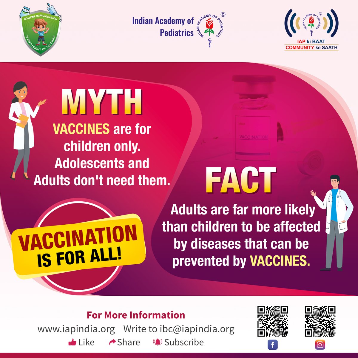 🚫 𝐌𝐲𝐭𝐡 𝐯𝐬 𝐅𝐚𝐜𝐭: Don't be misled by misconceptions about vaccines! ✅ 💉 𝐕𝐚𝐜𝐜𝐢𝐧𝐚𝐭𝐢𝐨𝐧 𝐢𝐬 𝐟𝐨𝐫 𝐚𝐥𝐥 𝐚𝐠𝐞𝐬, not just the young ones! 👶 #iapkibaat #IAP #indianacademyofpediatrics #pediatrics #childcare #healthcare #vaccineswork #immunization