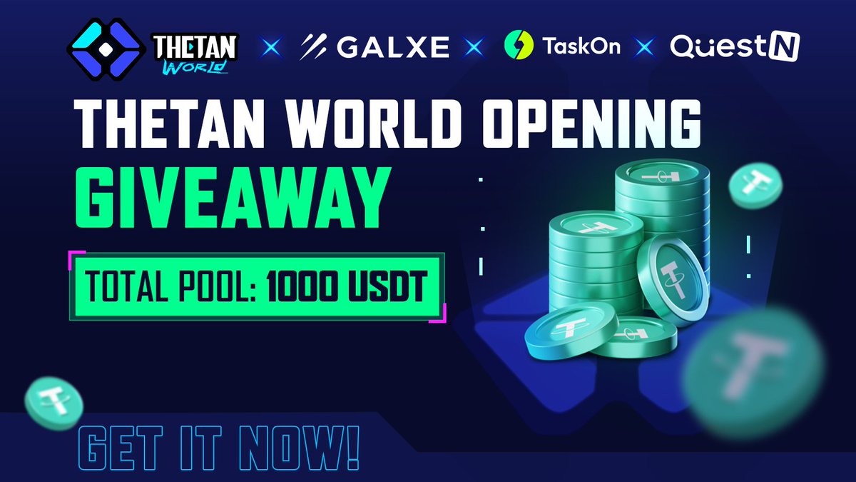 💰Win up to $1.000 USDT from Thetan World Opening Giveaways!
❓Galxe: thetanworld.page.link/WtXr
❓TaskOn: thetanworld.page.link/DU6r
❓QuestN: thetanworld.page.link/3jyU
📅 Timeline: April 24 - May 1, 2024
🎁 $1.000 USDT
Complete those tasks and get rewards 🎊
#ThetanWorld  #ThetanArena