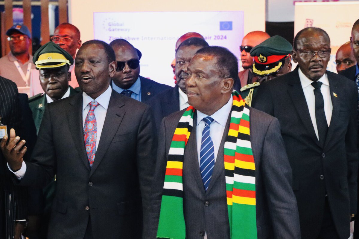 Just in! The President Zimbabwe 🇿🇼 , His Excellency Cde. Emmerson Dambudzo Mnangagwa, accompanied by the Guest of Honour for this year’s edition of ZITF 2024, President of Kenya 🇰🇪 , Dr. William Samoei Ruto and Vice President of Zimbabwe 🇿🇼 Kembo Mohadi touring NetOne stand.