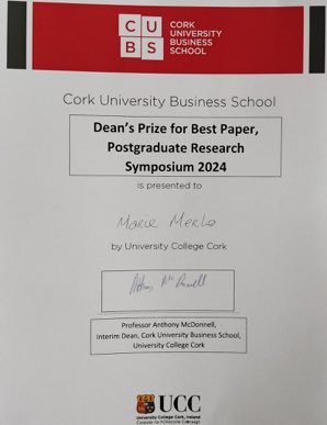 Congratulations to @Marie_M_14 & her supervisors @thia_hennessy @SeamusOM @CathalBuckley4 Awarded Dean’s prize for Best Paper @CUBSucc PGR symposium @UCCResearch