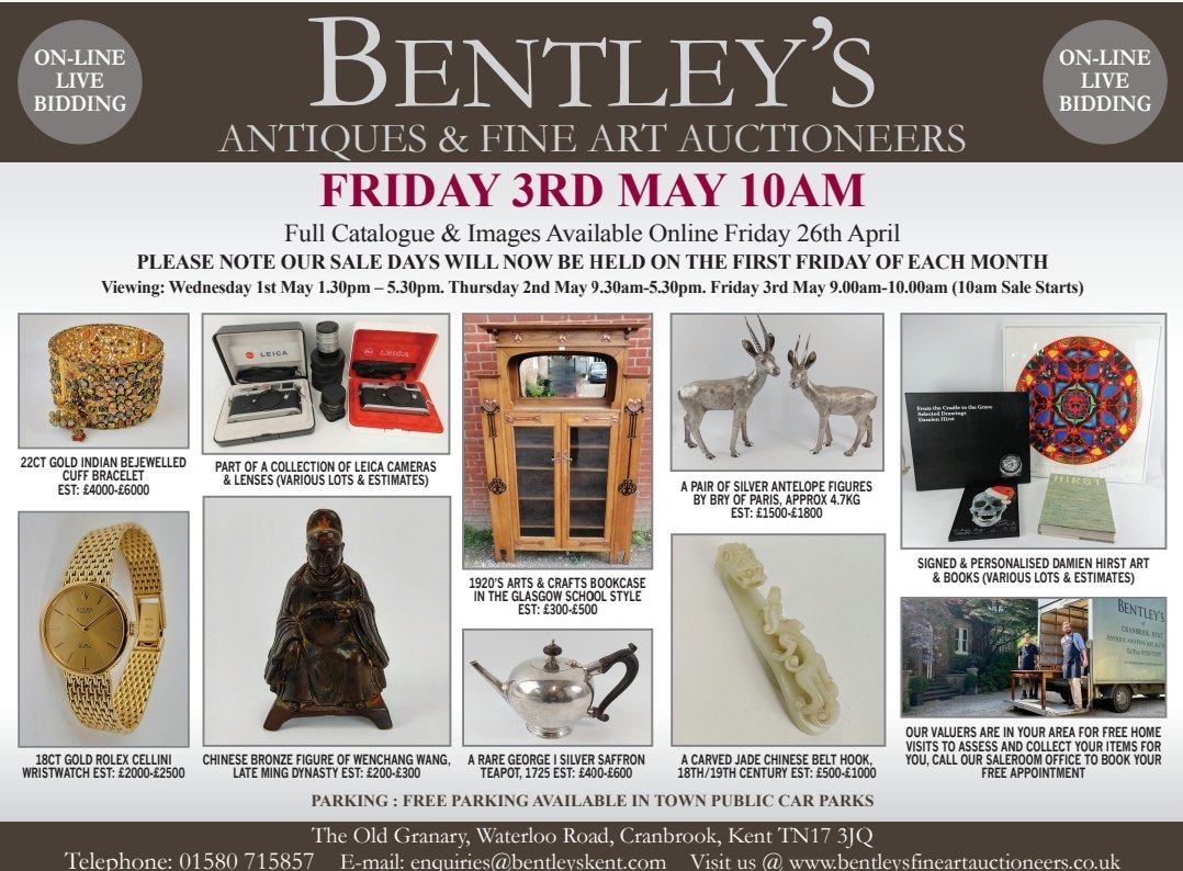 ****CATALOGUE NOW LIVE**** Our 3rd May sale catalogue is now live online via our website bentleysfineartauctioneers.co.uk. ***PLEASE NOTE OUR NEW REGULAR SALE DAY IS FRIDAY***