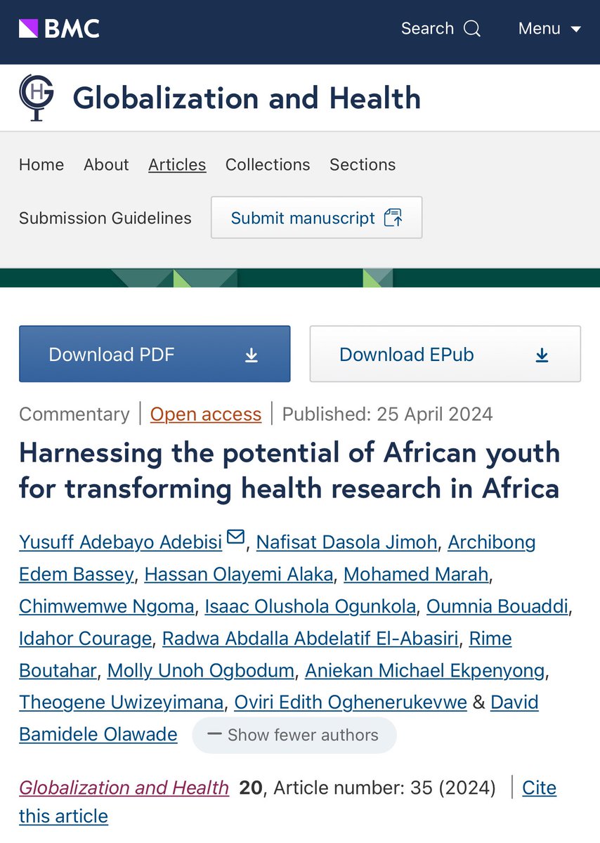 Young people are key to both the present and future of research in Africa. This insightful article, published in @GHJournal, spotlights this in details. link.springer.com/article/10.118… @prof_rx et al. #research #Africa #youngpeople #healthresearch