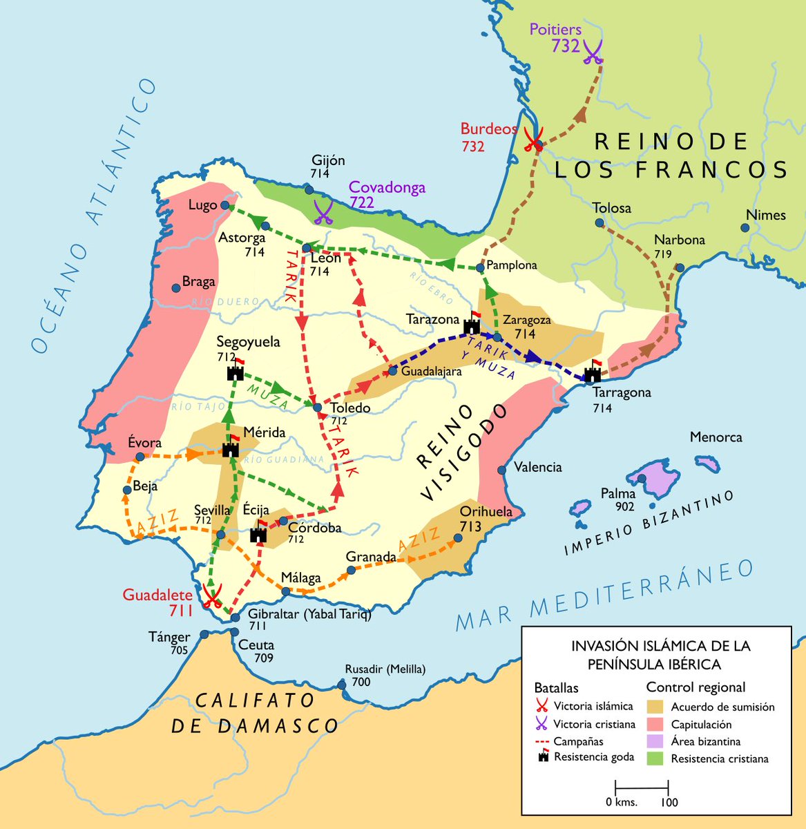 ☪️💥🇪🇸 | #Taldíacomohoy del 711: en la actual España, mientras el rey Don Rodrigo (Roderico), se enfrenta a los rebeldes vascones…

El árabe Táriq ibn Ziyad llega a Tarifa (Cádiz) con más de 10.000 hombres y derrota a las fuerzas de Sancho, sobrino de Rodrigo, comenzando así la