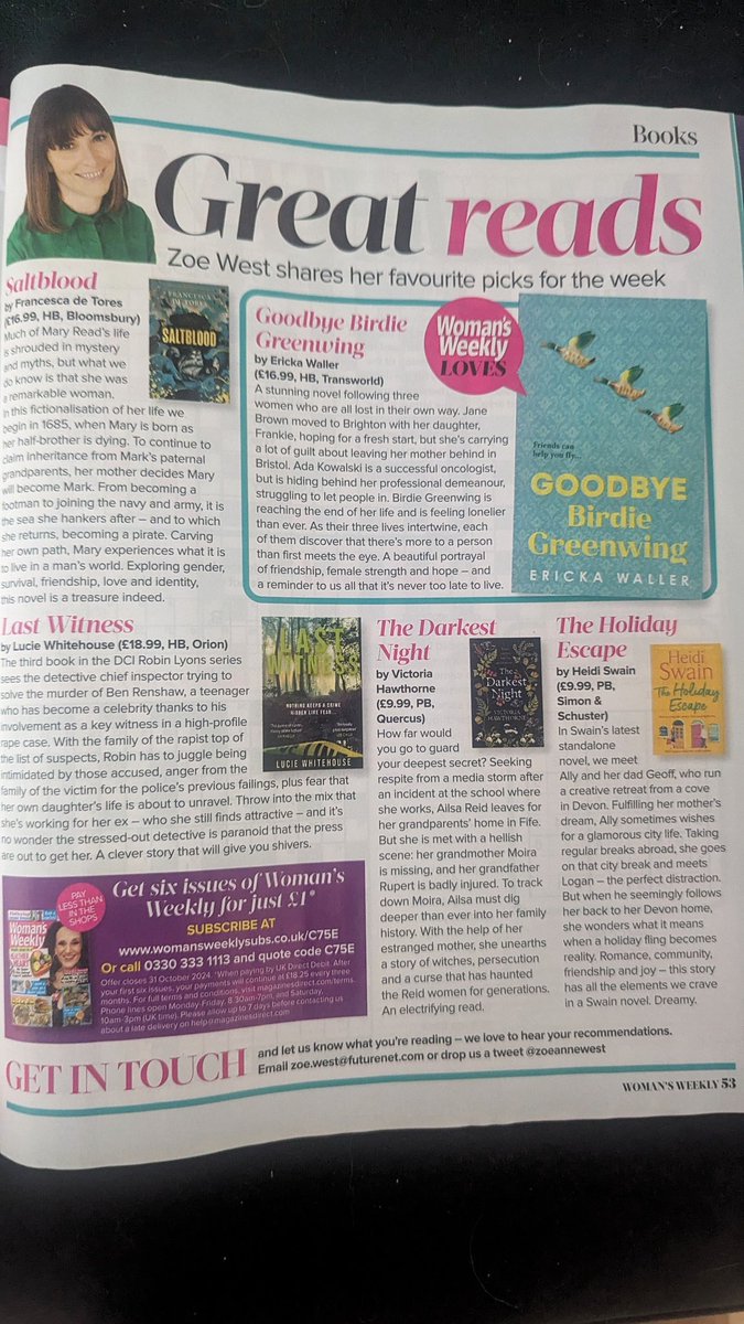 Huge thanks to @zoeannewest for including The Darkest Night in Woman's Weekly! And thrilled to be sharing the page with @ErickaWaller1 @FrancescaHaig ❤️