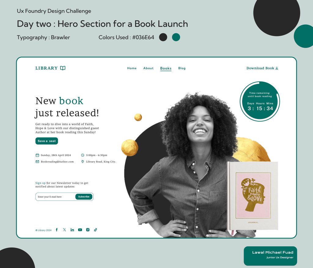 Hi guys, Excited to be sharing my submission for day 2 of the UI design challenge with my mentorship community @uxfoundryng 

#UIChallenge #MentorshipCommunity #SupportiveNetwork #BookLaunch #Author #Mockup #Figma #UXdesign