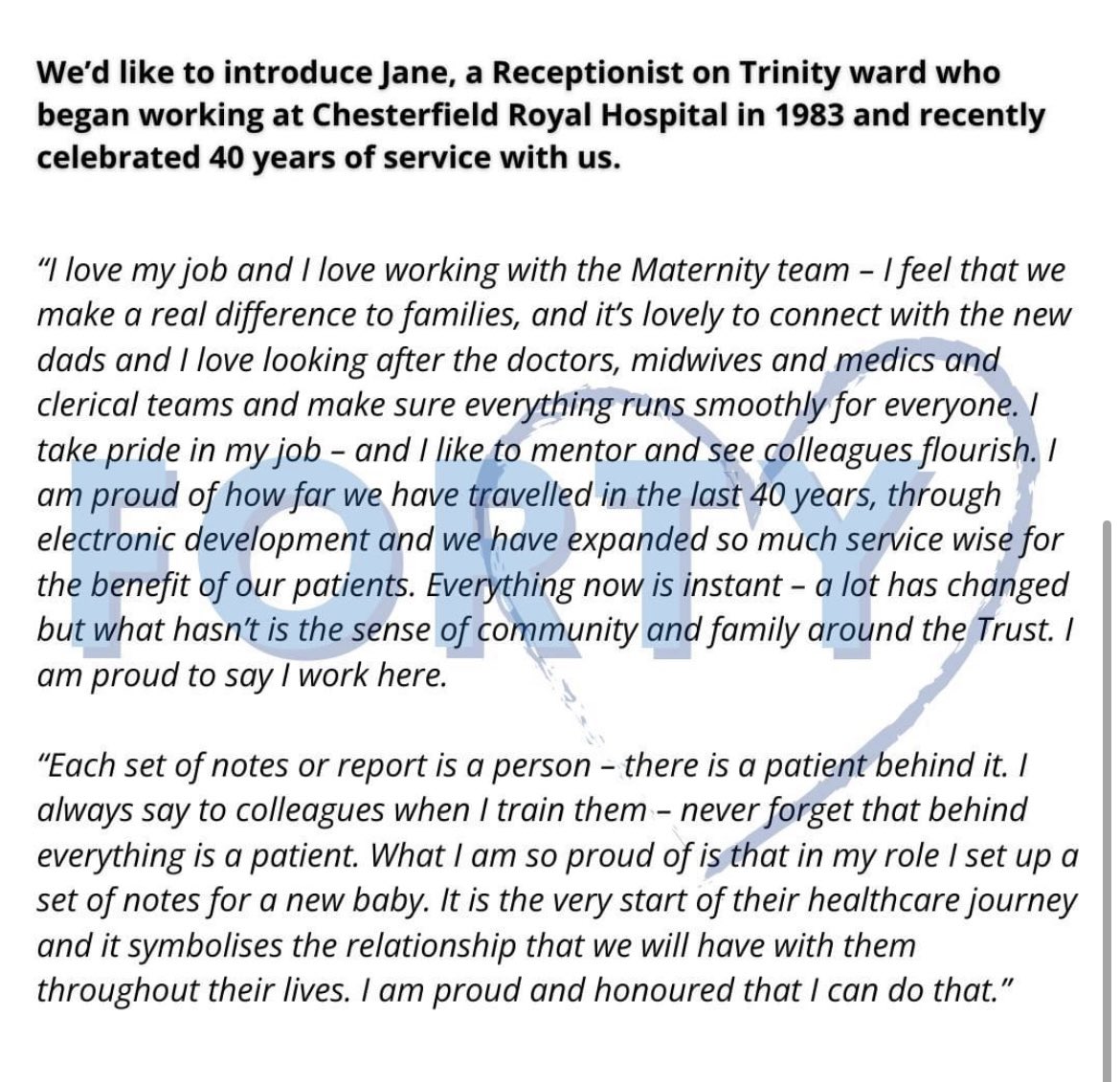 🌟 Our #WhoWeAre and #WhatWeDo this weekend is a bit of a bumper edition – and features some of our colleagues who have shared the last 40 years and more with us at both our old Chesterfield Royal Site and here at Calow. 🏥 Jane Porter is a receptionist on our Trinity ward and