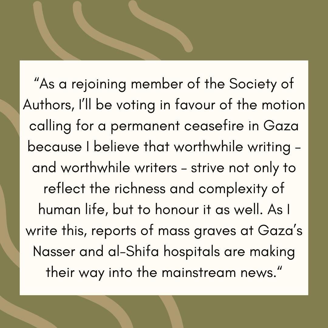 Sharing this statement of support from the author @akblakemore ahead of our EGM on May 2nd with @Soc_of_Authors: “I believe that worthwhile writing- and worthwhile writers - strive not only to reflect the richness and complexity of human life, but to honour it as well.”