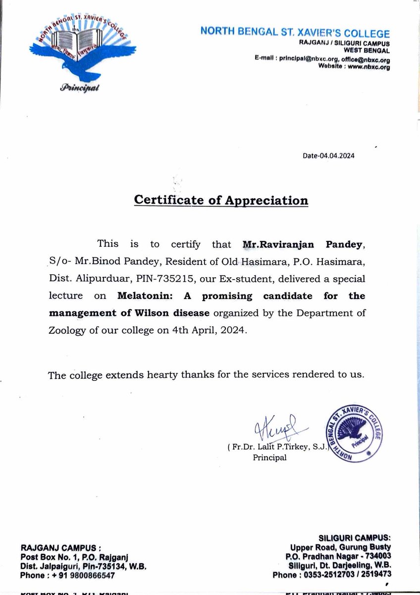 Ravi <a href="/Raviranjan89788/">Raviranjan Pandey</a> from our lab delivered a special lecture through the IISER Kolkata Ambassador Programme on his ongoing research topic "Melatonin: A promising candidate for the management of Wilson disease" at North Bengal St. Xavier's College. 
<a href="/iiserkol/">IISER Kolkata</a> #CopperMetabolism