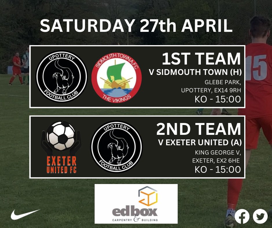 NEXT FIXTURES - 

The 1sts welcome @SidmouthTownAFC 2nds to Glebe Park as the 2nds travel to Exeter United

#uptheotters 

🦦