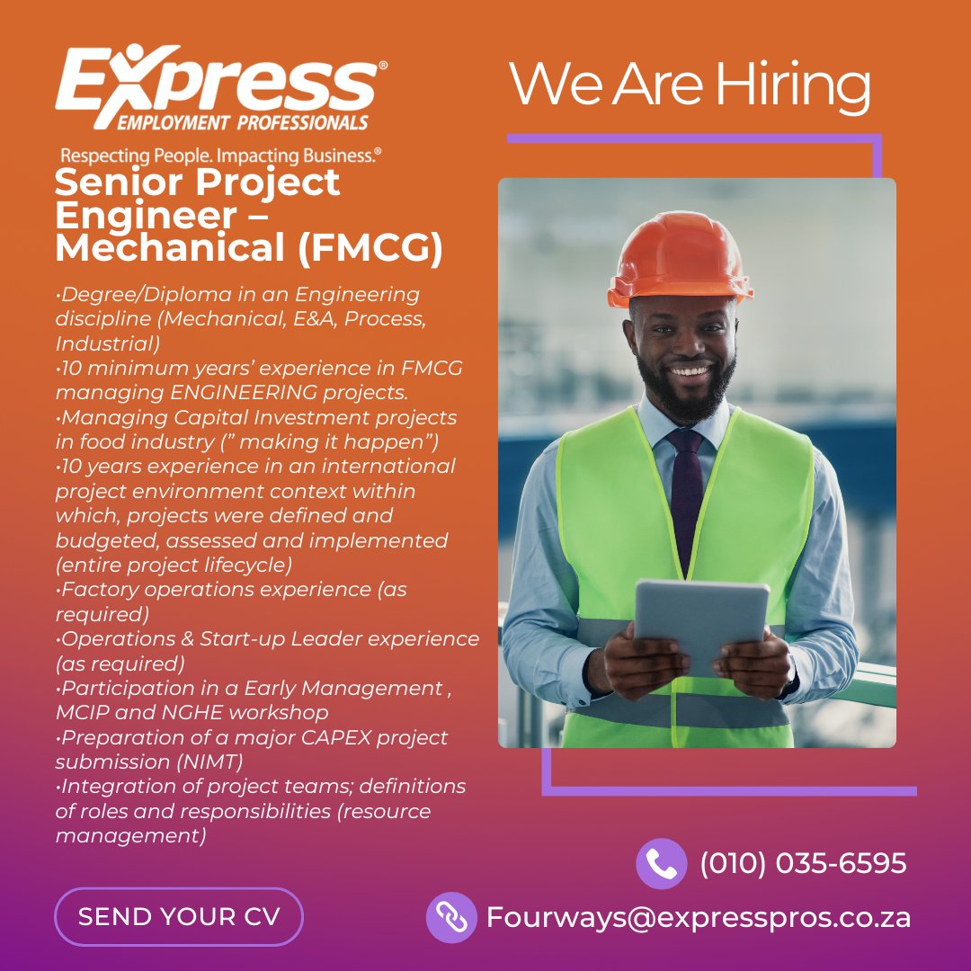 🌟 NEW VACANCY ALERT! 🌟
Position: Position Title: Senior Project Engineer – Mechanical (FMCG)
Location: Bryanston
📧 Email: Fourways@expresspros.co.za
📞 Tel: 0100356595
#EngineeringJobs #FMCGJobs #HiringSeniorProjectEngineer–Mechanical    #ExpressProsFourways