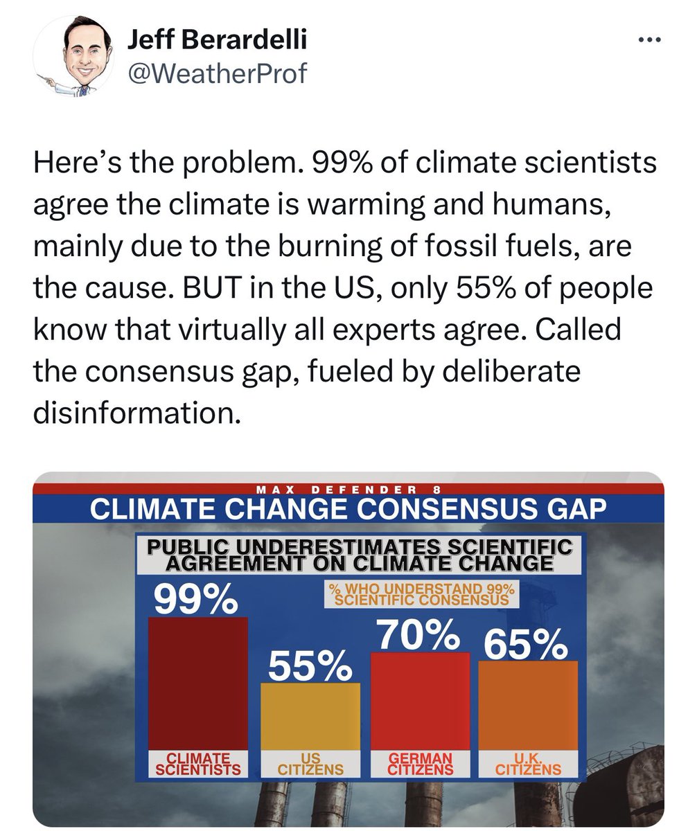 Genuinely terrifying. The scientific consensus on human caused climate change is as strong as the one that agrees that smoking causes cancer and that (left untreated) HIV causes aids. It’s not understood by the public because of the deliberate decades long misinformation campaign…