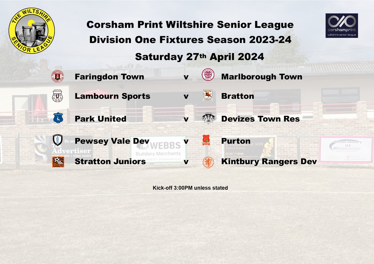 Today's scheduled fixtures in Div One of the @corshamprint Wiltshire Senior League. The battle for the title sees leaders @ParkUnitedFC22 host @DevReservesFC, @faringdontownfc home to @MarlboroughTnFC whilst @PurtonFootball travel to @pewseyvalefc Dev. @YSswindon @swsportsnews