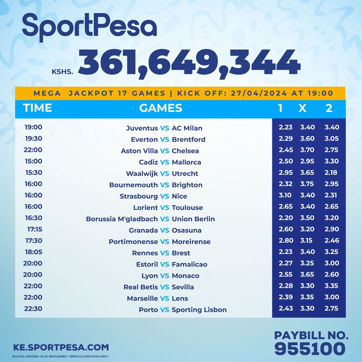 Another weekend to remind you that @SportPesa Mega Jackpot is at 361 Million! 
Stake ni 99bob on 17 games , remember kuna bonus Kibao pia, ni time poa ya Ku #ShindaMoreNaSportPesa