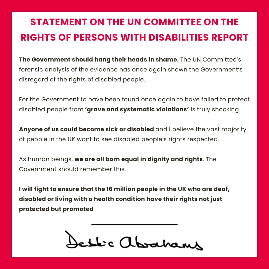 Debbie_abrahams's tweet image. My statement on the @UN's Committee investigating UK Government breaches in the #UNCRPD Their report on this was published earlier this week. It is utterly damning.