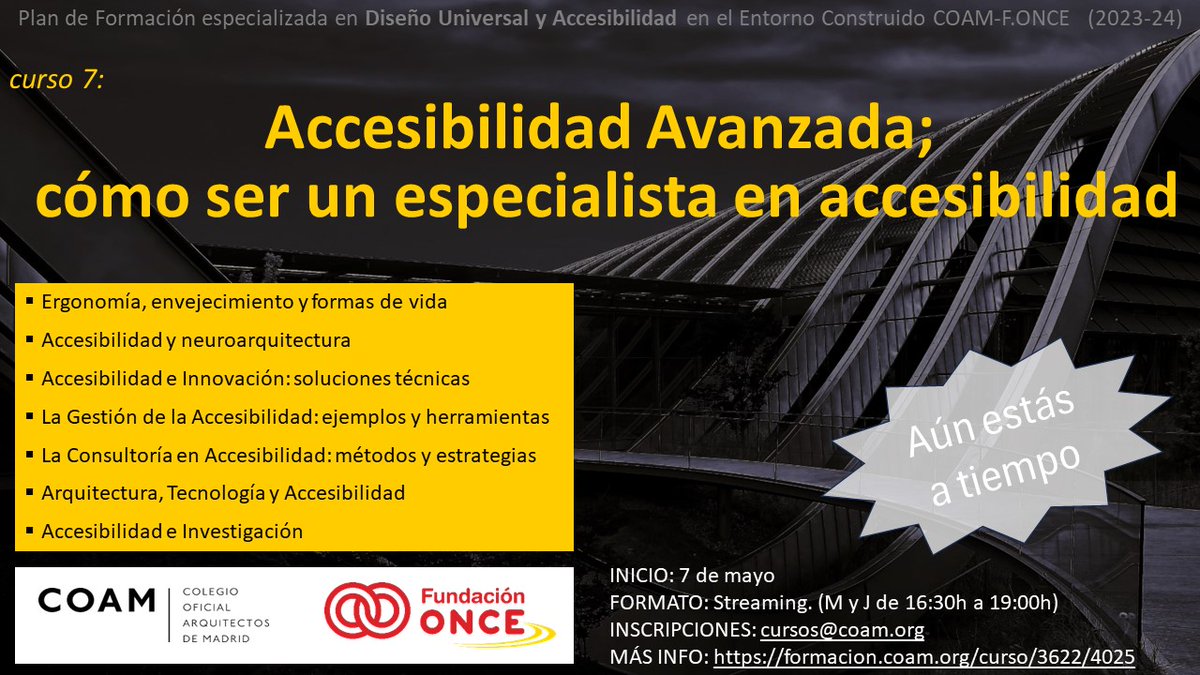 Completamos las clases de #Accesibilidad del @coam y la @Fundacion_ONCE con este último módulo sobre Accesibilidad avanzada donde abordaremos todo lo que necesitas para ser un especialista en accesibilidad en el entorno construido. 👇 formacion.coam.org/curso/3622/4025