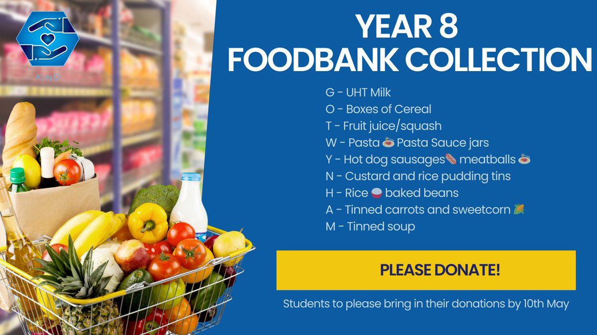 It's Year 8's turn for Food Bank collection. Please can students bring in their tutor group item asap and no later than 10th May. We're running an inter-tutor race to see who can bring in the most, fastest! #twytgsdna #foodbank #determined #kind