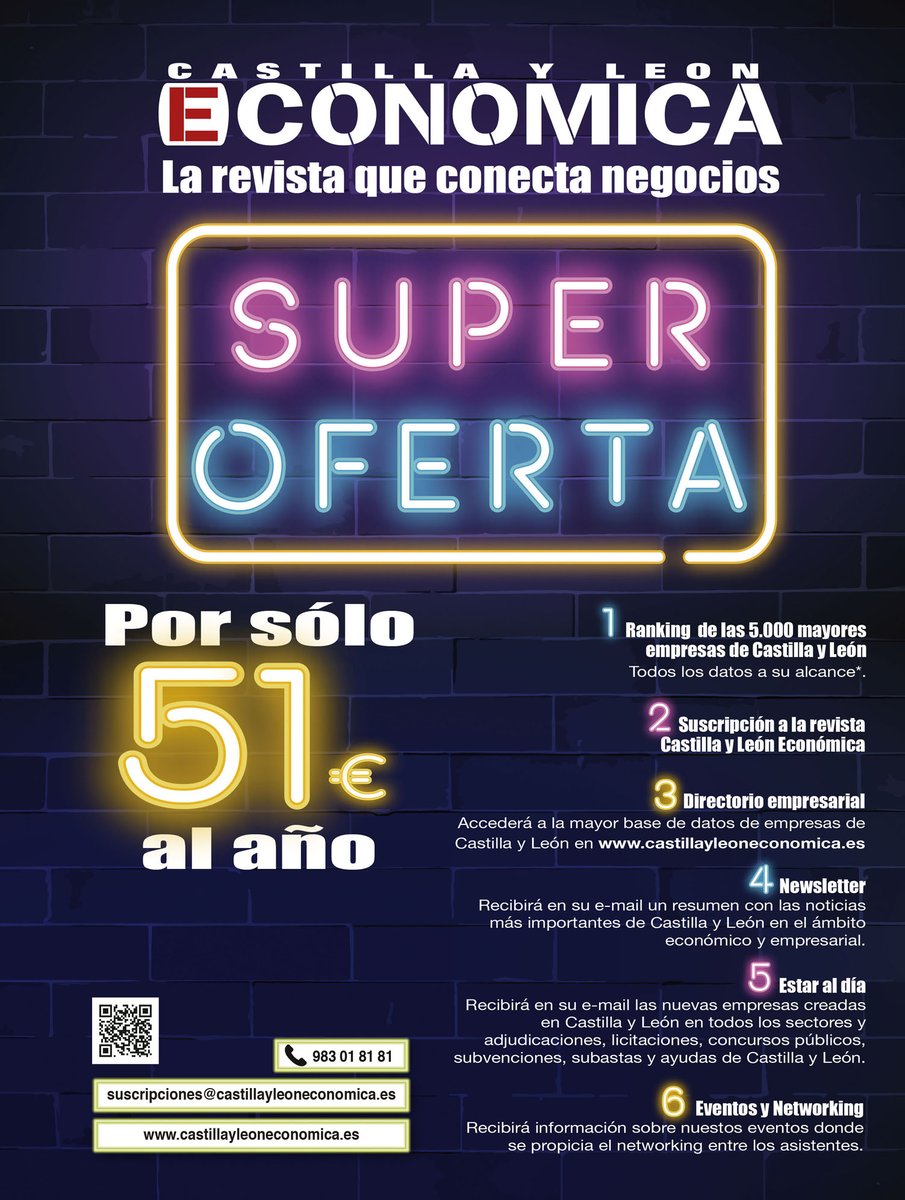 .@cyleconomica OFERTA Por 51 €/año: revista + acceso directorio empresas + newsletter diaria + alertas Borme y Bocyl + eventos y networking ow.ly/sjWW50HswmE