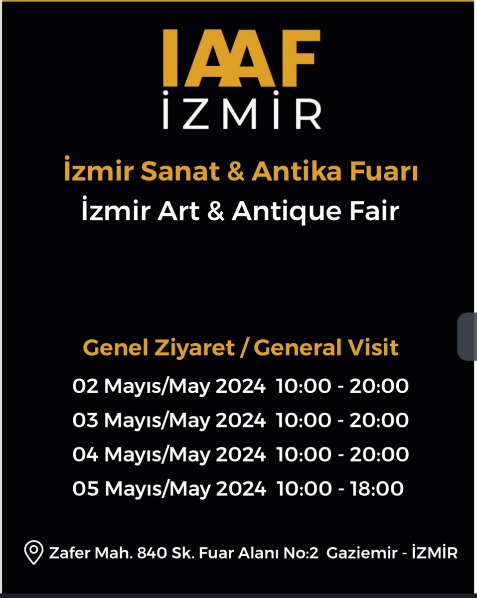 Sevgili dostlar, benim de katılımcı olduğum, 1 Mayıs'ta İzmir Sanat ve Antika Fuarı 'na imkanı olan herkesi beklerim.
#İzmirSanatveAntikaFuarı2024 #İAFF #izmir #Artfair #artexhibition