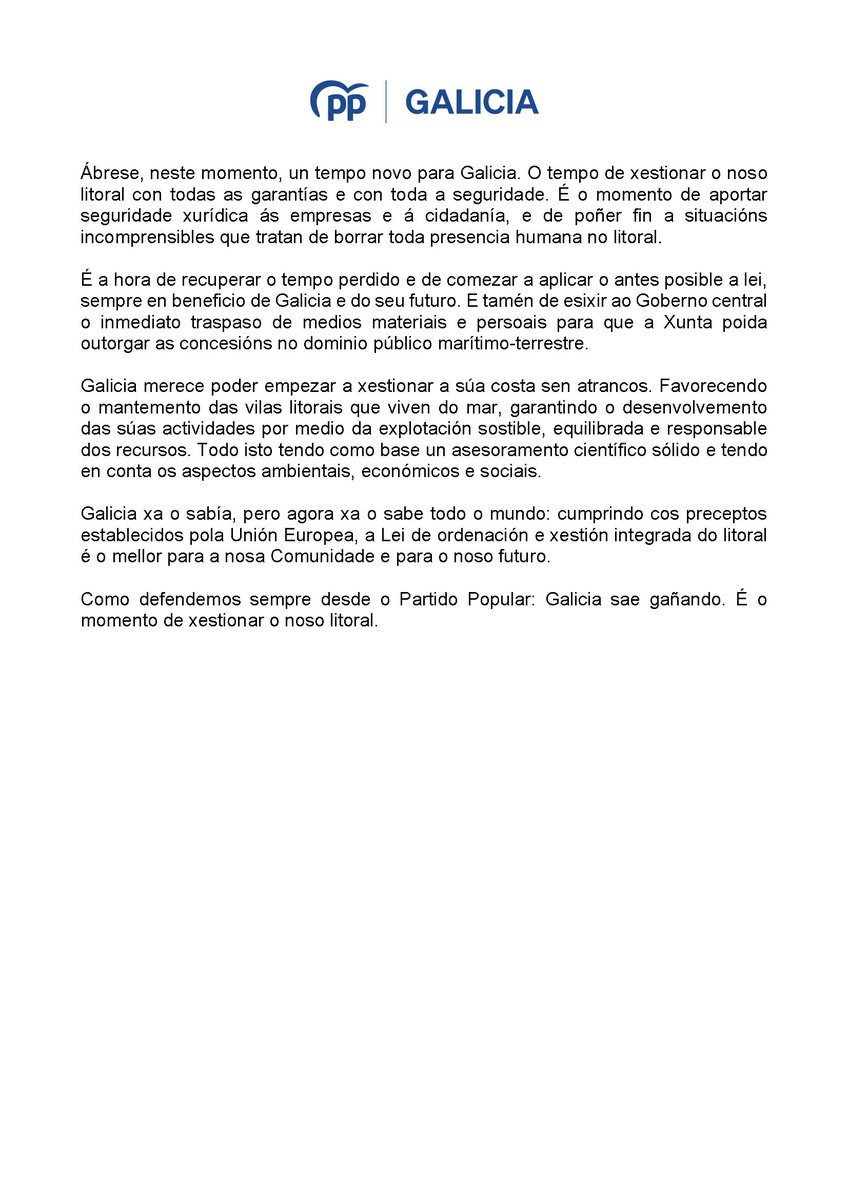 Manifesto do PPdeG tras o aval unánime do Tribunal Constitucional á Lei de Ordenación do Litoral da @Xunta. Galicia sae gañando. É o momento de xestionar o noso litoral.