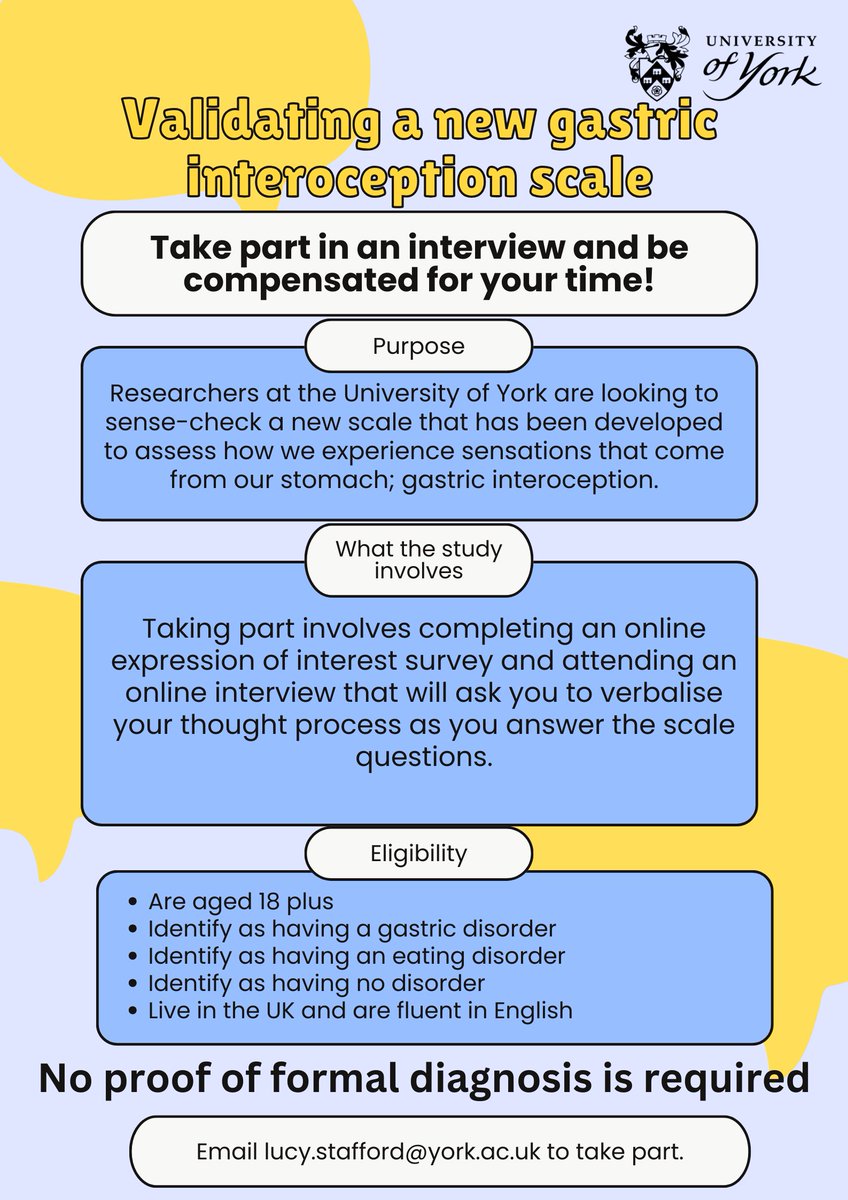 📢RECRUITING📢 I'm looking for people to take part in a cognitive interview to help me develop a new scale! Please see the details below, and if interested in taking part, email me lucy.stafford@york.ac.uk. #Alt text available.
