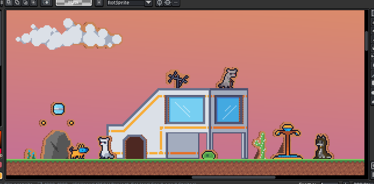eldritchjera's tweet photo. In general what do you guys think of cardboard cut ours for videogame art? I'd like to change how I did a couple things like with the building, but I like it personally. #Pixelart  #IndieDevs https://t.co/tPZqaG4r4y