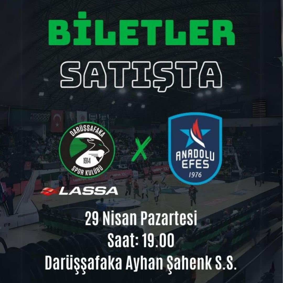 Darüşşafaka Lassa, Anadolu Efes’i 29 Nisan’da Darüşşafaka Ayhan Şahenk Spor Salonu’nda konuk ediyor! 🏀 Bu maç kaçmaz diyorsan Mobilet’te yerin hazır! 🎫 @dackabasket #Mobilet #Daçka #VazgeçmekYok mobilet.com/tr/event/darus…