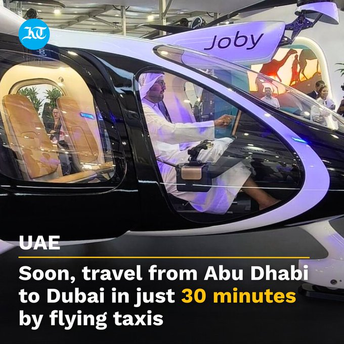 Get ready to soar! #FlyingTaxis are set to slash travel time between Abu Dhabi and Dubai to just 30 minutes. With Joby Aviation's eVTOL aircraft on the horizon, the #UAE is leading the urban mobility revolution. ✈️🏙️  #UrbanMobility #UAEInnovation #JobyAviation #FutureOfTransport