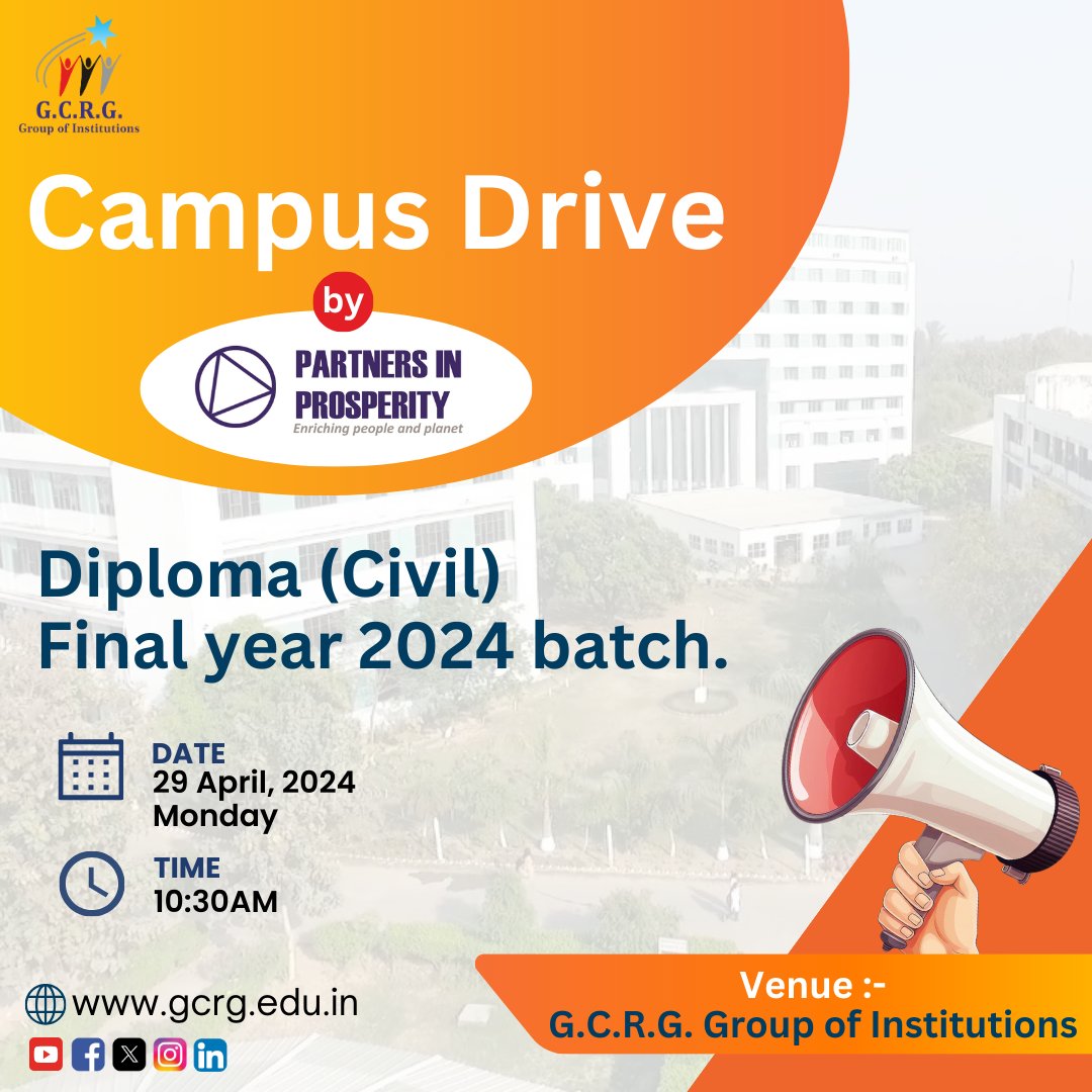 We're excited to announce the upcoming Campus Drive tailored specifically for the final-year students of the 2024 batch pursuing a Diploma in Civil Engineering.

#CivilEngineeringCampusDrive2024 #CareerOpportunities #FutureEngineers #gcrg_group_of_institutions