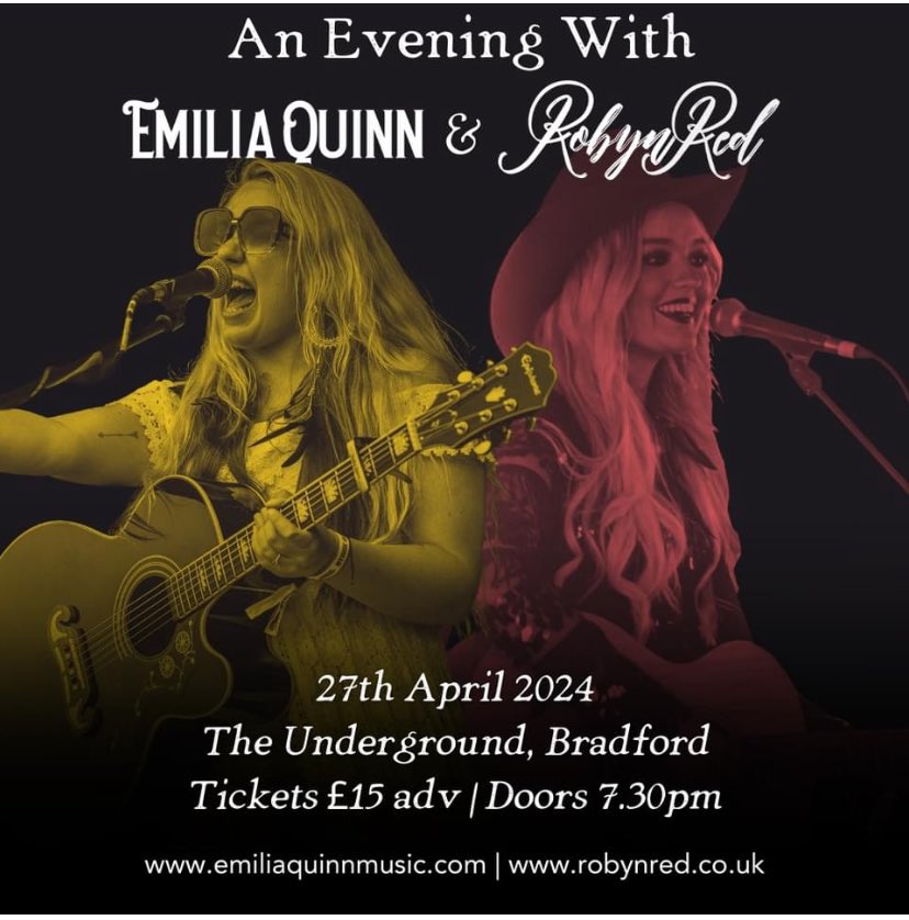 Timings for tonight’s show at The Underground Bradford with @EmiliaQMusic Doors - 7.30pm Robyn Red - 8pm Emilia Quinn - 9.35pm Still a few tickets available ! Ticket link ⬇️. See you soon! ❤️ skiddle.com/whats-on/Bradf…?