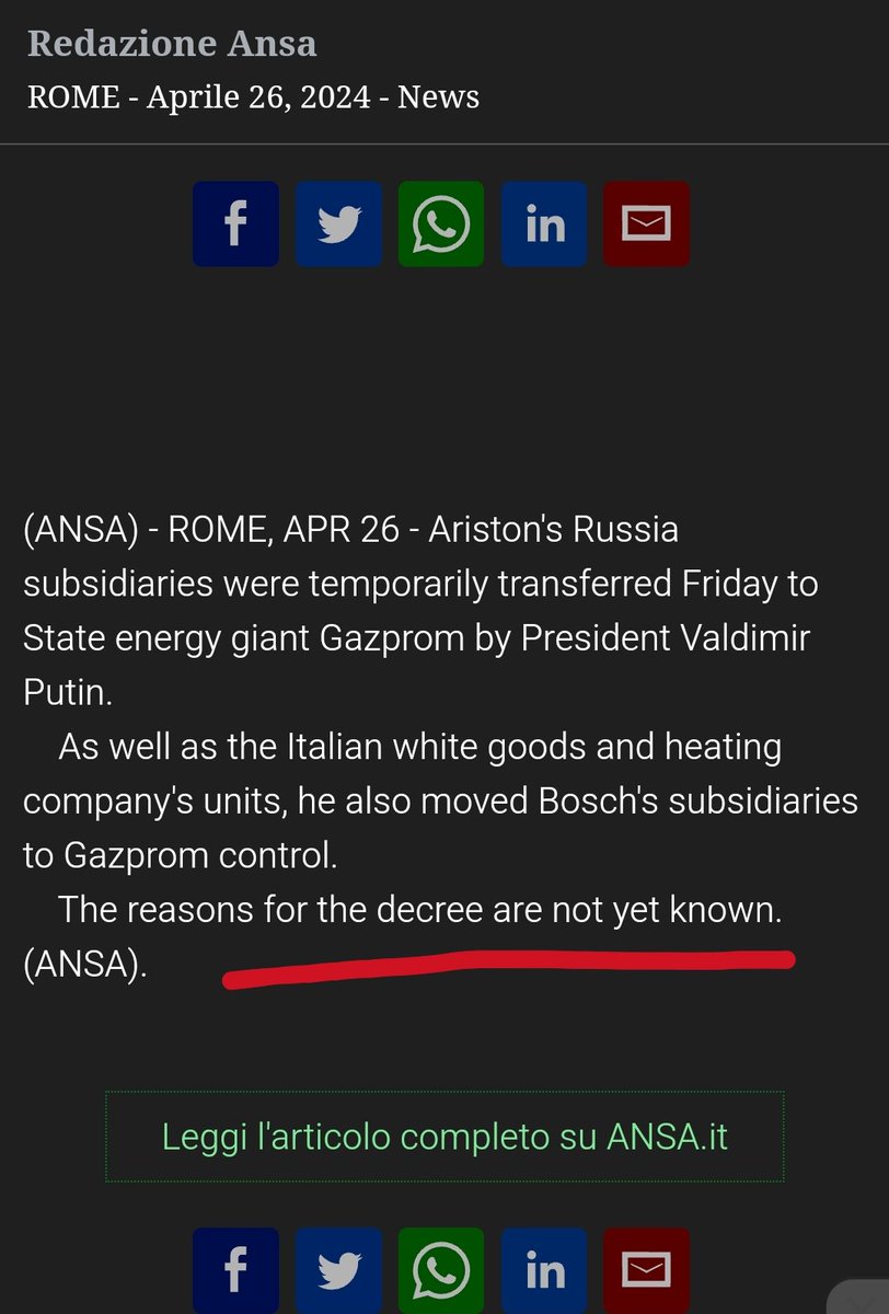 ΥπΕξ της Ιταλίας κάλεσε Ρώσο πρέσβη για εξηγήσεις μετά την μεταφορά της εταιρείας Ariston στην Γκαζπρομ.

Ιταλοί δεν μπορούν να καταλάβουν τον λόγο για μια τέτοια κίνηση  μετά από δύο χρόνια κυρώσεων και πάγωμα περιουσιακών στοιχείων της Ρωσίας 🤡