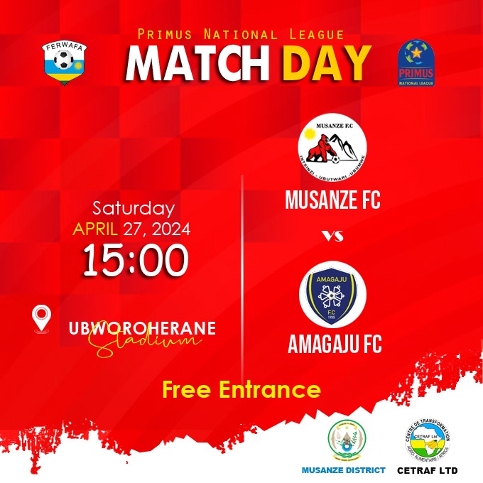MATCH DAY
vs Amagaju FC
⏰ 27 April 2024
🏟️ Ubworoherane

Free Entrance

#IngagiNkuru
#VisitMusanze