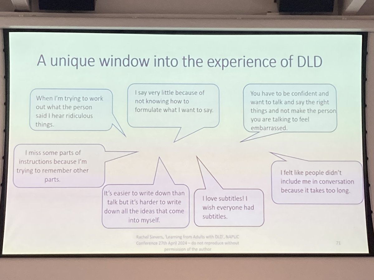 Racheal Sievers @SieversRachel, speech and language therapist, is next, talking about adults with DLD.  So many adults with DLD are managing, masking and surviving. #NAPLIC24 #devlangdis #SLCN